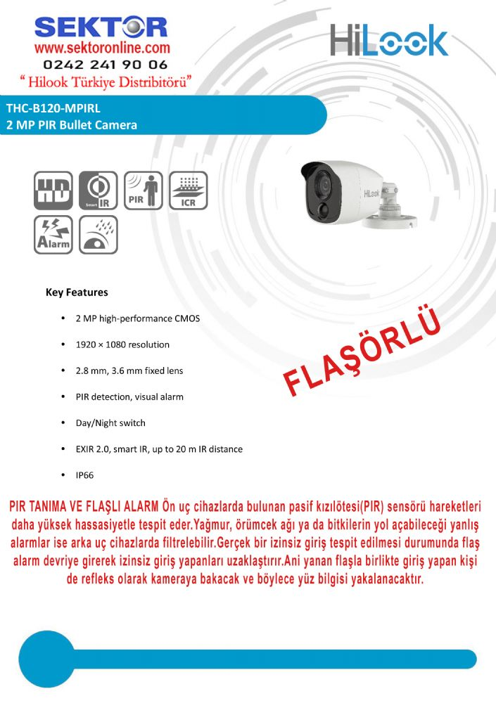 HILOOK-HIKVISION THC-B120-MPIRL 2MP 3.6MM UYARI IKAZ ALARM IŞIKLI BULLET KAMERA
