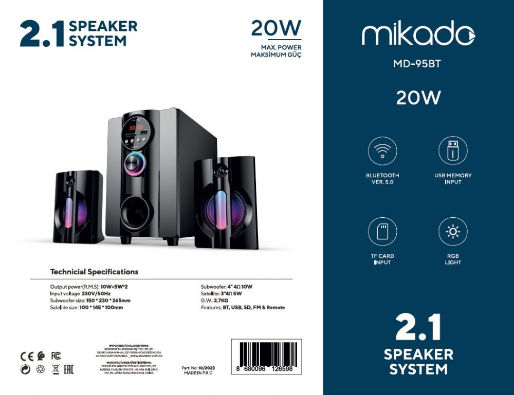 MİKADO MD-95BT 2+1 20W SİYAH FM/BT/SD/USB SPEAKER HOPARLÖR