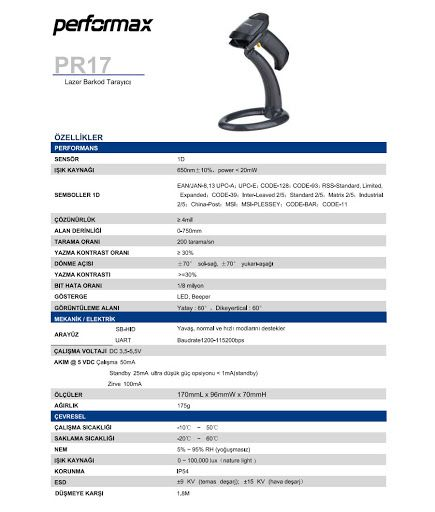 PERFORMAX PR17 1D USB EL TIPI LASER STANTLI USB KABLOLU